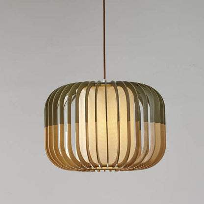 Modern Wooden Cage 1-light Drum Pendant Light