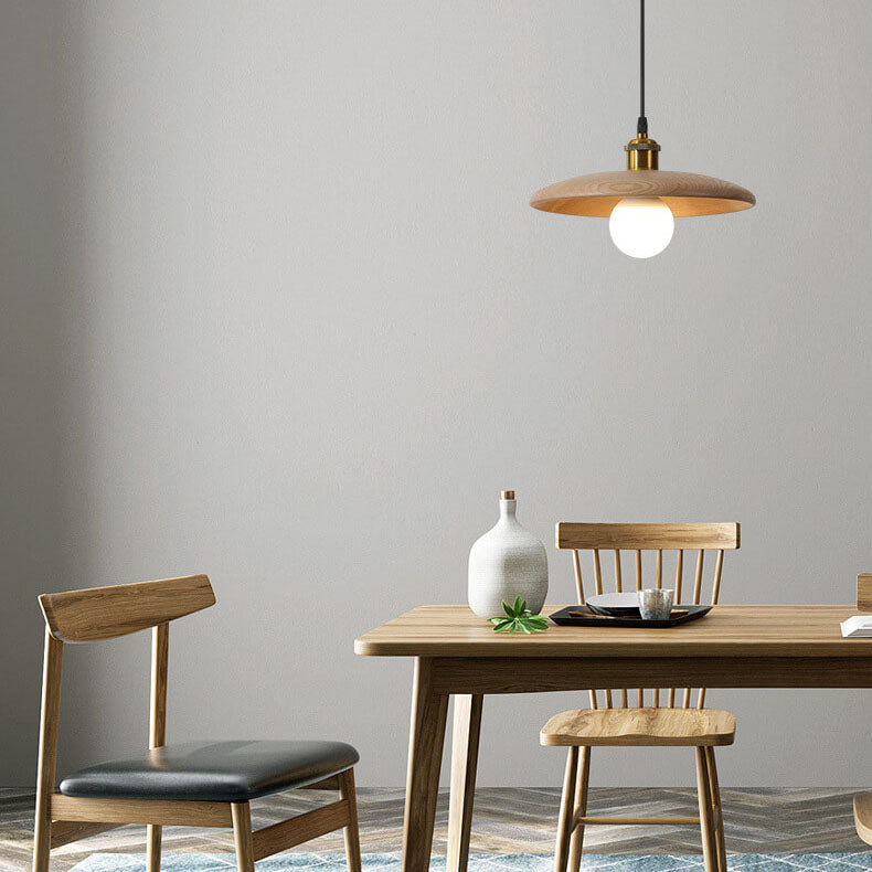 Minimalist Wooden 1-light Saucer Shaped Pendant Light BulbSquare