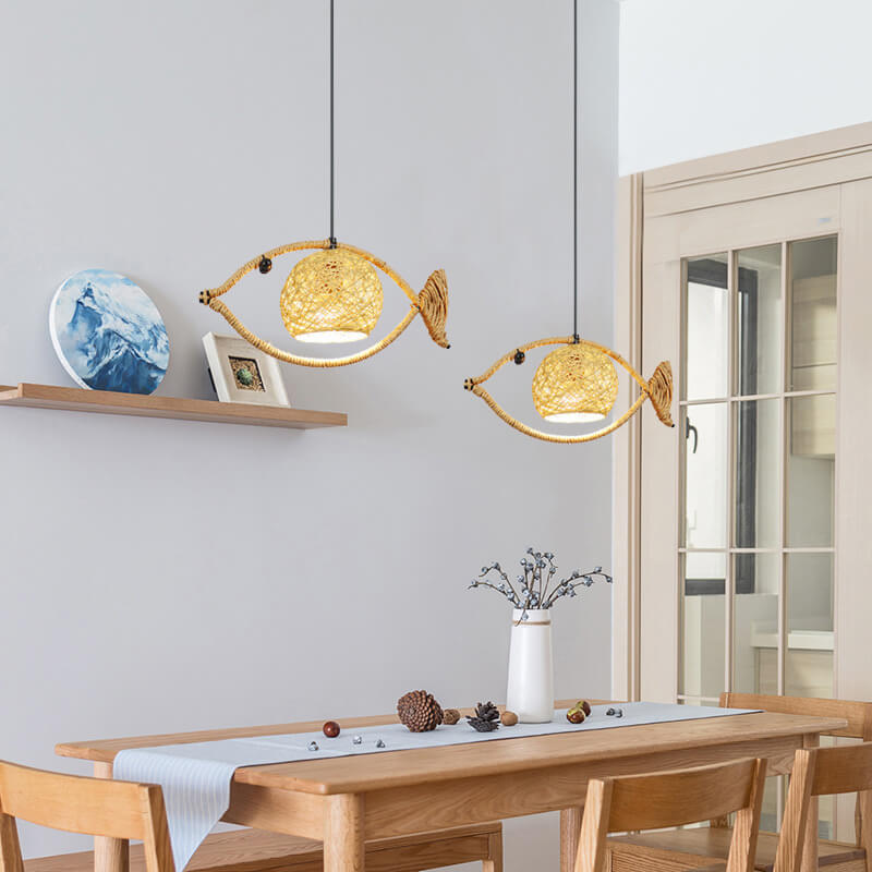 Creative Hemp Rope Willow Weaving Fish Shape 1-light LED Pendant Light BulbSquare
