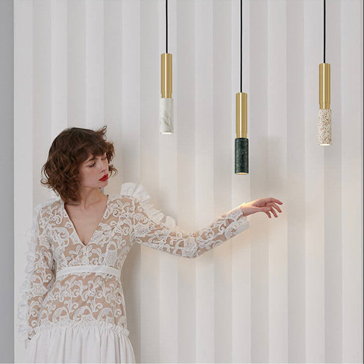 Modern Luxury Cylinder Marble Splicing Metal 1-Light Single Pendant Light For Living Room