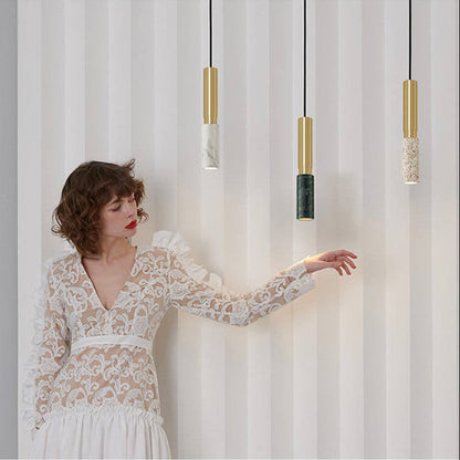 Modern Luxury Cylinder Marble Splicing Metal 1-Light Single Pendant Light For Living Room