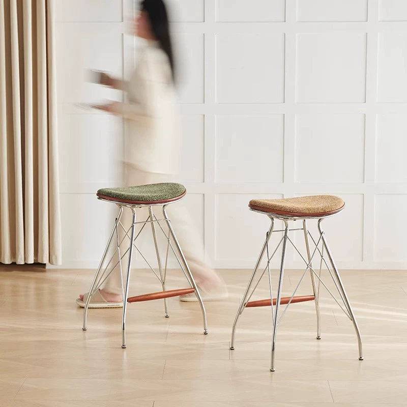Modern Minimalist Bar Stool - Iron Plated Frame, Multi-Layer Solid Wood Seat With Fabric Upholstery & Beechwood Footrest For Dining Room & Kitchen Lumendat