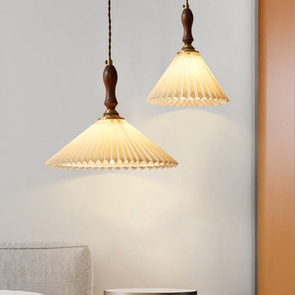 Vintage 1-light Pleated Fabric Conical Pendant Light