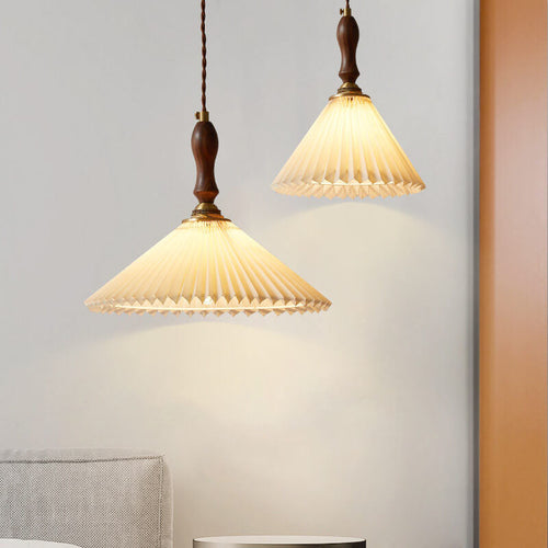 Vintage 1-light Pleated Fabric Conical Pendant Light