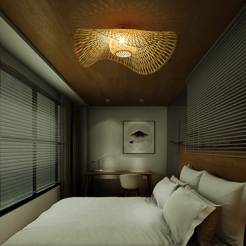 Modern Bamboo Weaving 1-Light Japanese Elements Flush Mount Lighting Lumendat