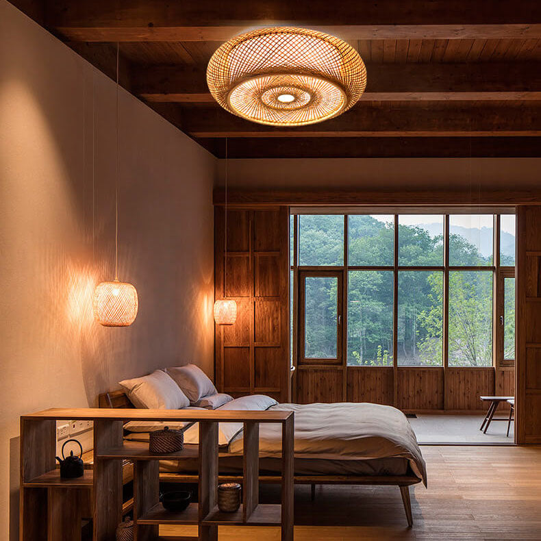 Bamboo Weaving 3-light Flush Mount Lighting BulbSquare