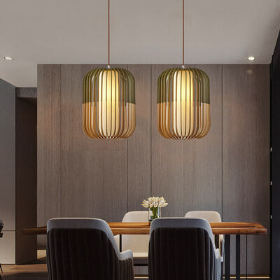 Modern Wooden Cage 1-light Drum Pendant Light