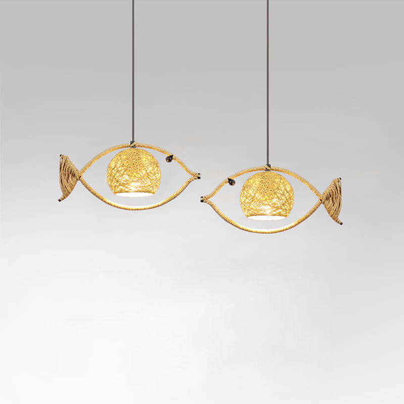 Creative Hemp Rope Willow Weaving Fish Shape 1-light LED Pendant Light BulbSquare