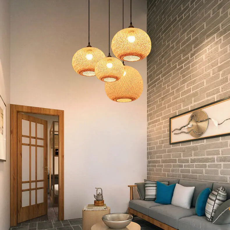 Bamboo Weaving Round Ball Beige 1-light Japanese Pendant Light Lumendat