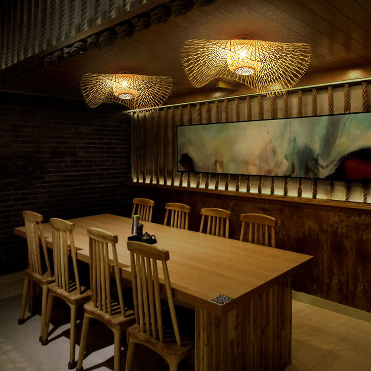 Modern Bamboo Weaving 1-Light Japanese Elements Flush Mount Lighting Lumendat