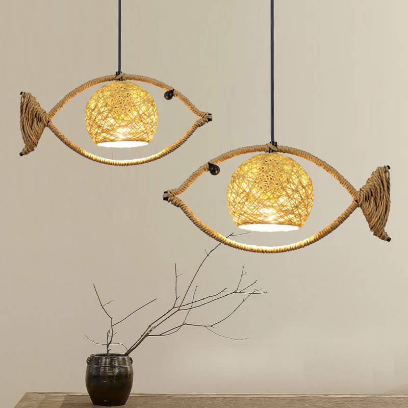 Creative Hemp Rope Willow Weaving Fish Shape 1-light LED Pendant Light BulbSquare