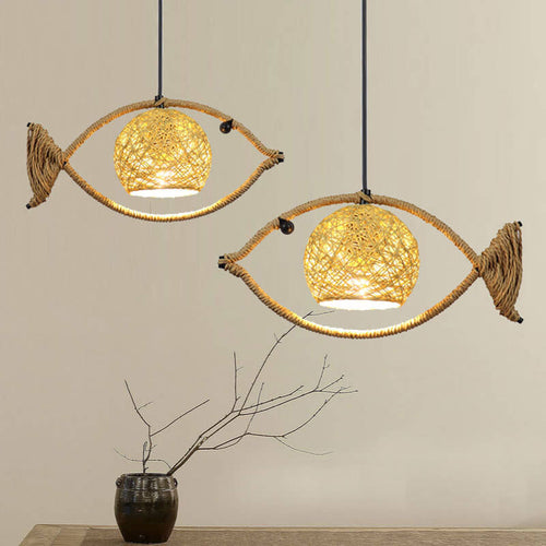 Creative Hemp Rope Willow Weaving Fish Shape 1-Light LED Pendant Light