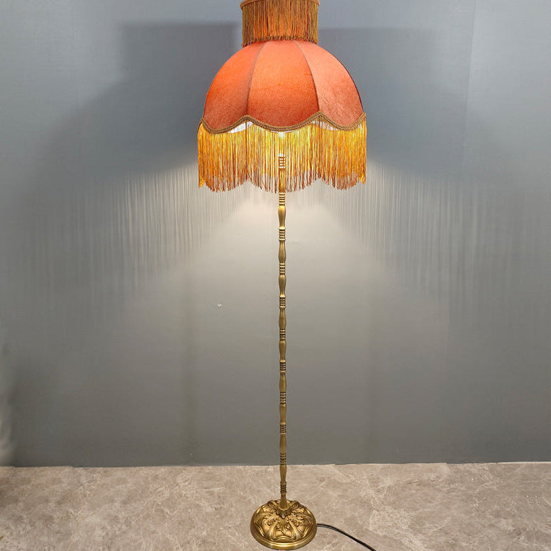Traditional Vintage Cylinder Semicircle Tassel Fabric Copper 1-Light Standing Floor Lamp For Living Room Lumendat