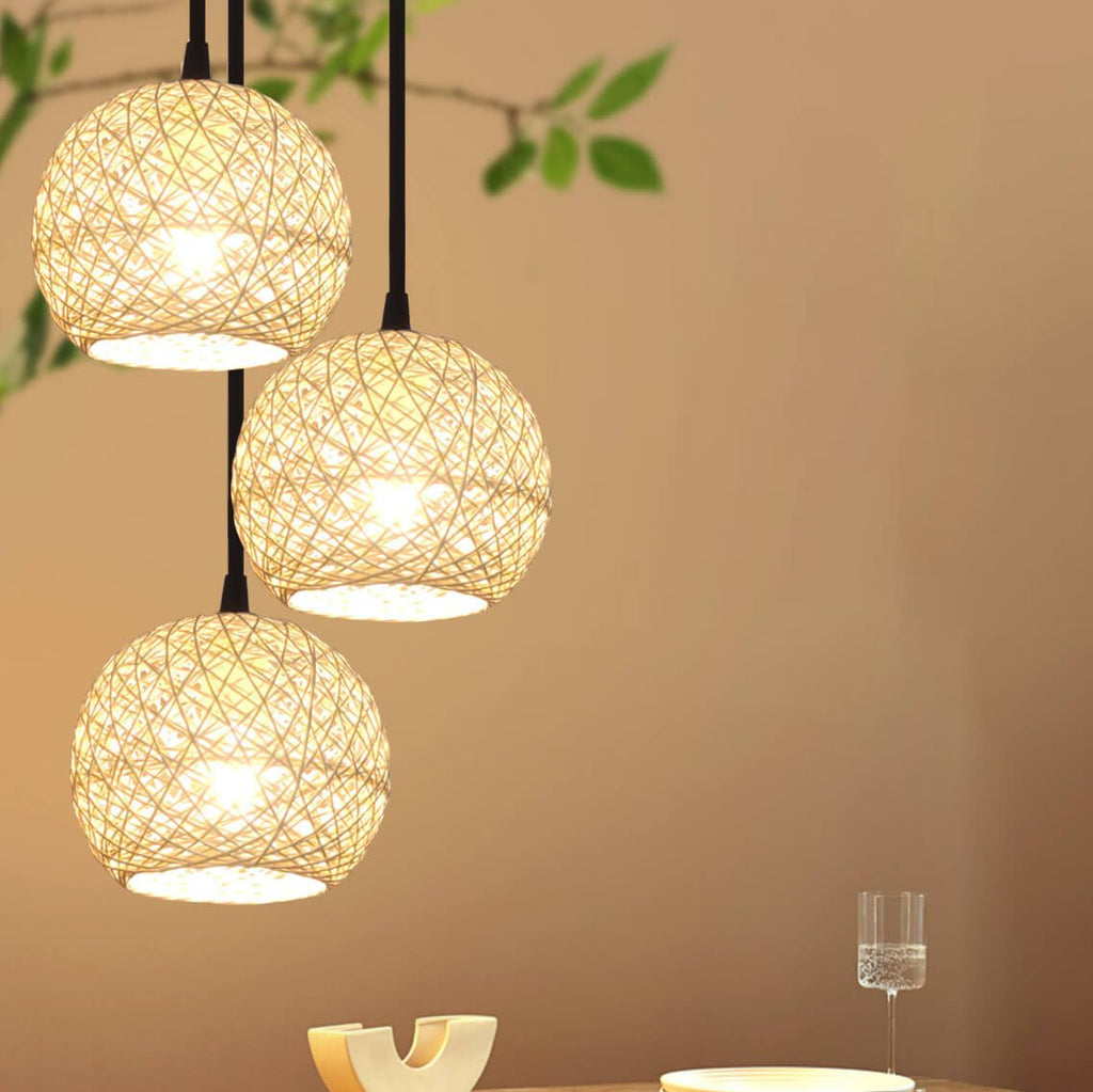 Rattan Weaving Beige Globe 1/3 Light Pendant Light BulbSquare