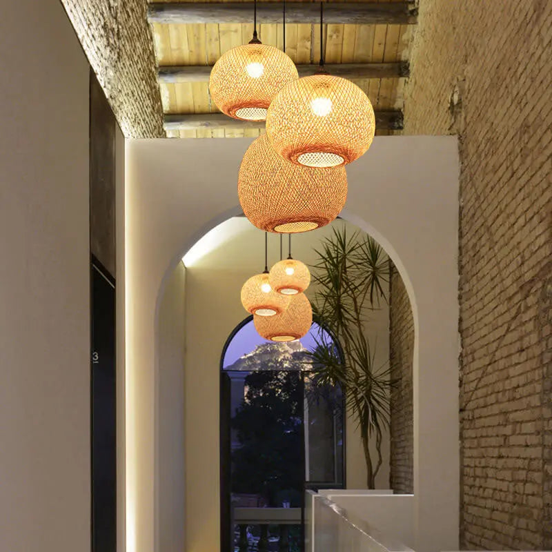 Bamboo Weaving Round Ball Beige 1-light Japanese Pendant Light Lumendat