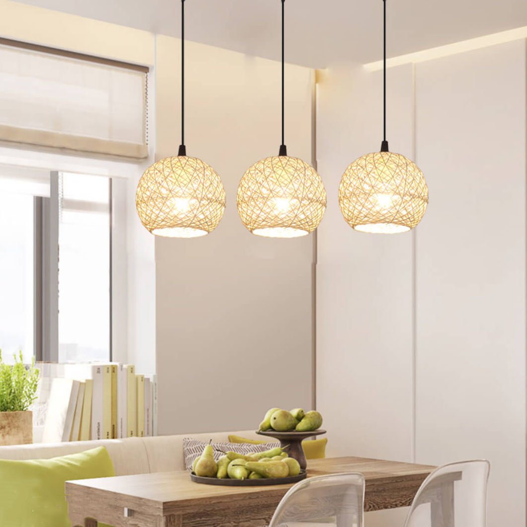Rattan Weaving Beige Globe 1/3 Light Pendant Light BulbSquare