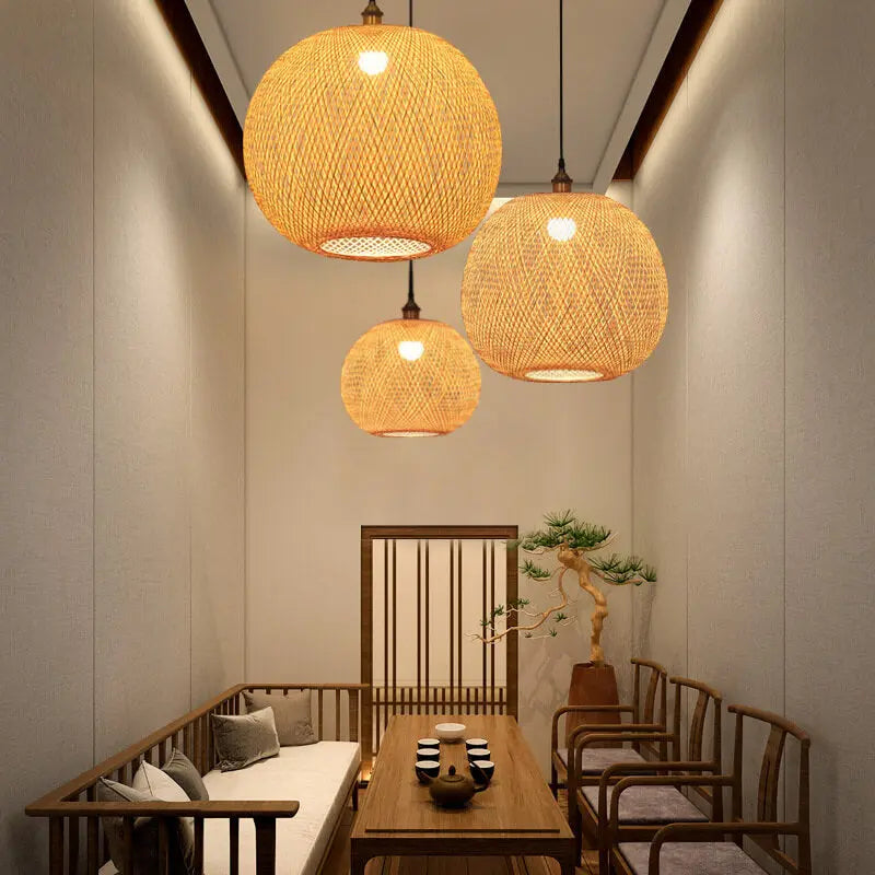 Bamboo Weaving Round Ball Beige 1-light Japanese Pendant Light Lumendat