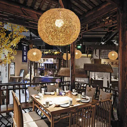 Rattan Weaving Beige Globe Shade 1-light Pendant Light BulbSquare
