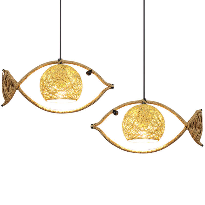 Creative Hemp Rope Willow Weaving Fish Shape 1-light LED Pendant Light BulbSquare
