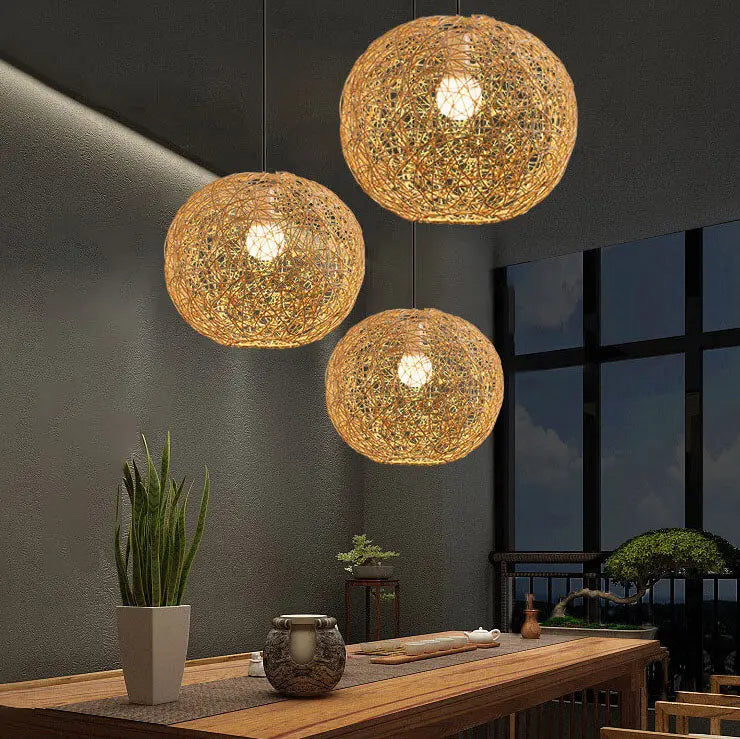 Rattan Weaving Beige Globe Shade 1-light Pendant Light BulbSquare