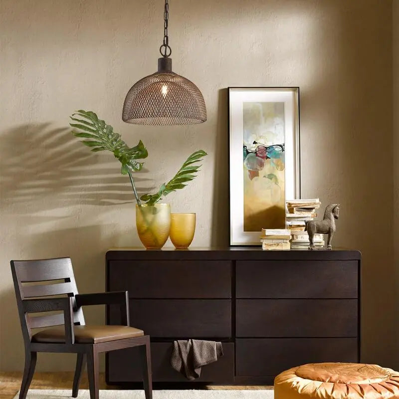Retro Rustic Aged Wrought Iron Wire Half Round 1-light Pendant Light BulbSquare