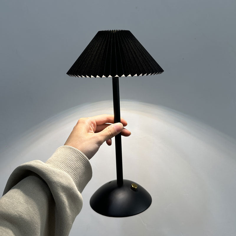 Contemporary Scandinavian Rechargeable Iron Fabric Conic Pleated 1-Light Table Lamp For Bedside Lumendat