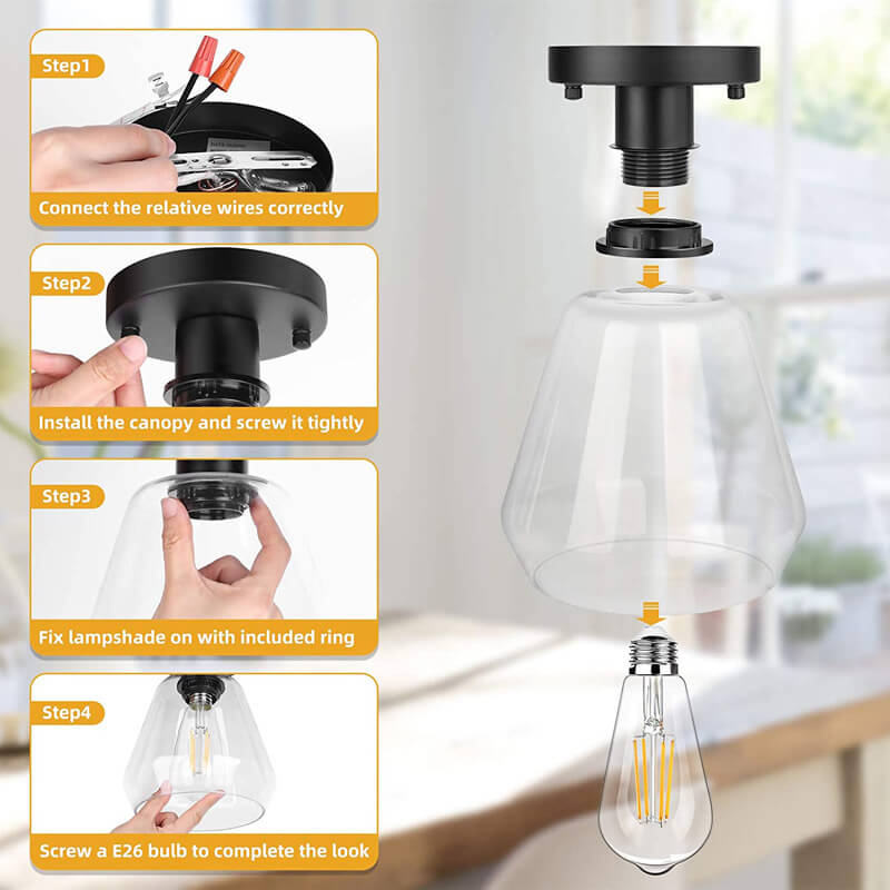 Clear Glass 1-light Bell Semi-flush Mount Lighting