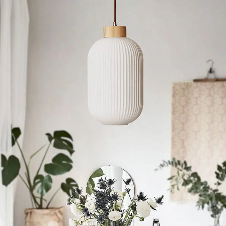 Retro White Striped Glass Jar 1-light Japanese Pendant Light Lumendat