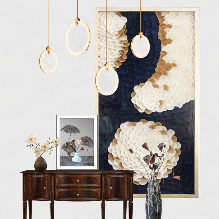 Modern Minimalist Round Marble Copper 1-Light LED Pendant Light For Living Room