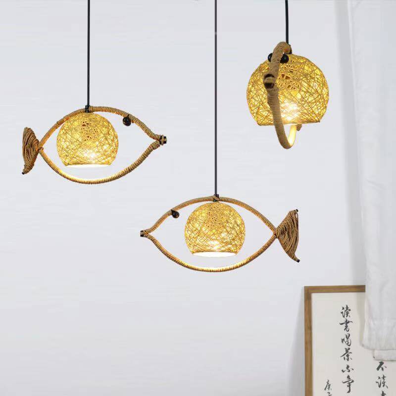 Creative Hemp Rope Willow Weaving Fish Shape 1-light LED Pendant Light BulbSquare