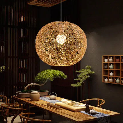 Rattan Weaving Beige Globe Shade 1-light Pendant Light BulbSquare