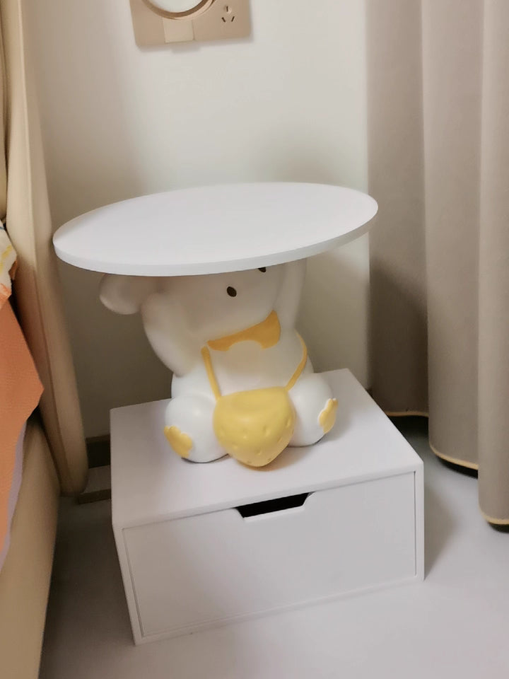 Lumendat Modern Art Deco Kids Rabbit Round Plate Rectangular Drawer Resin Wood Enamel End Table 1-Drawer With LED Light For Bedroom Lumendat