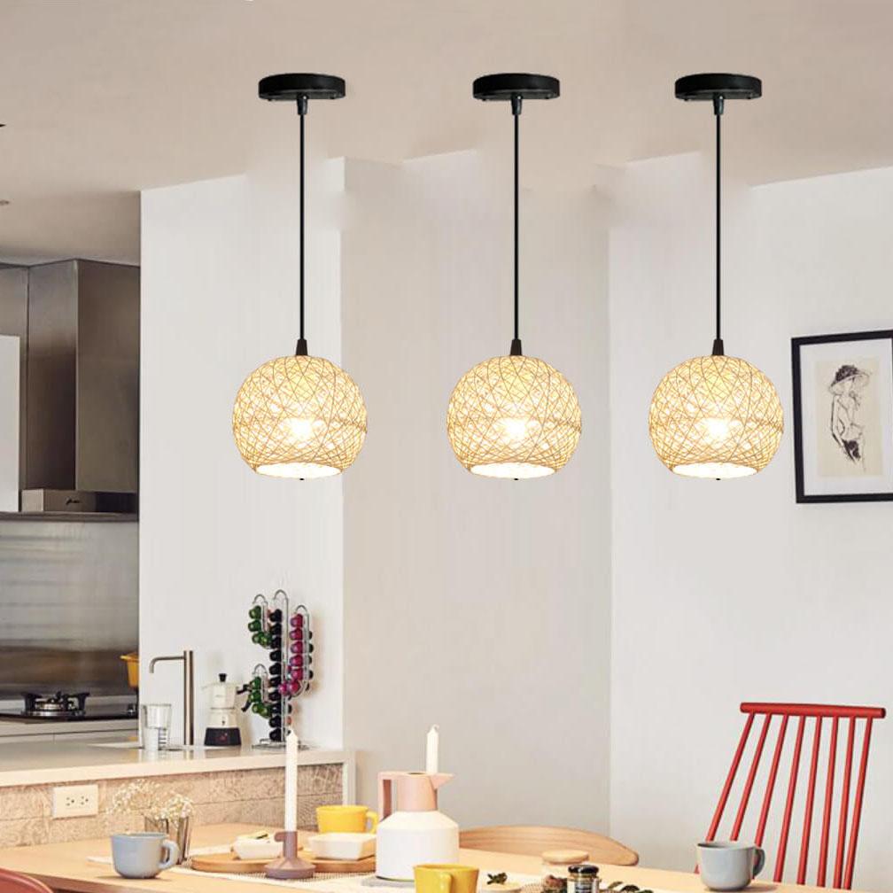 Rattan Weaving Beige Globe 1/3 Light Pendant Light BulbSquare