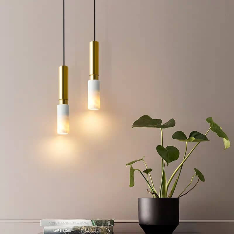 Modern Luxury Cylinder Marble Splicing Metal 1-Light Single Pendant Light For Living Room