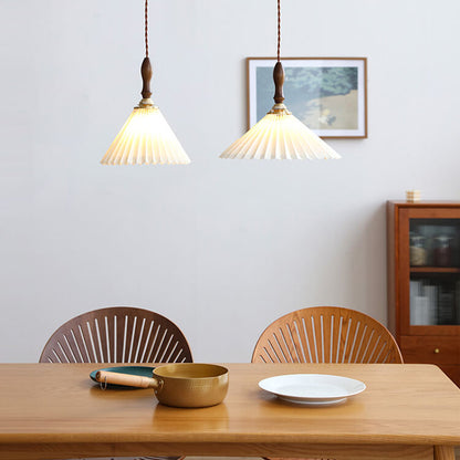 Vintage 1-light Pleated Fabric Conical Pendant Light