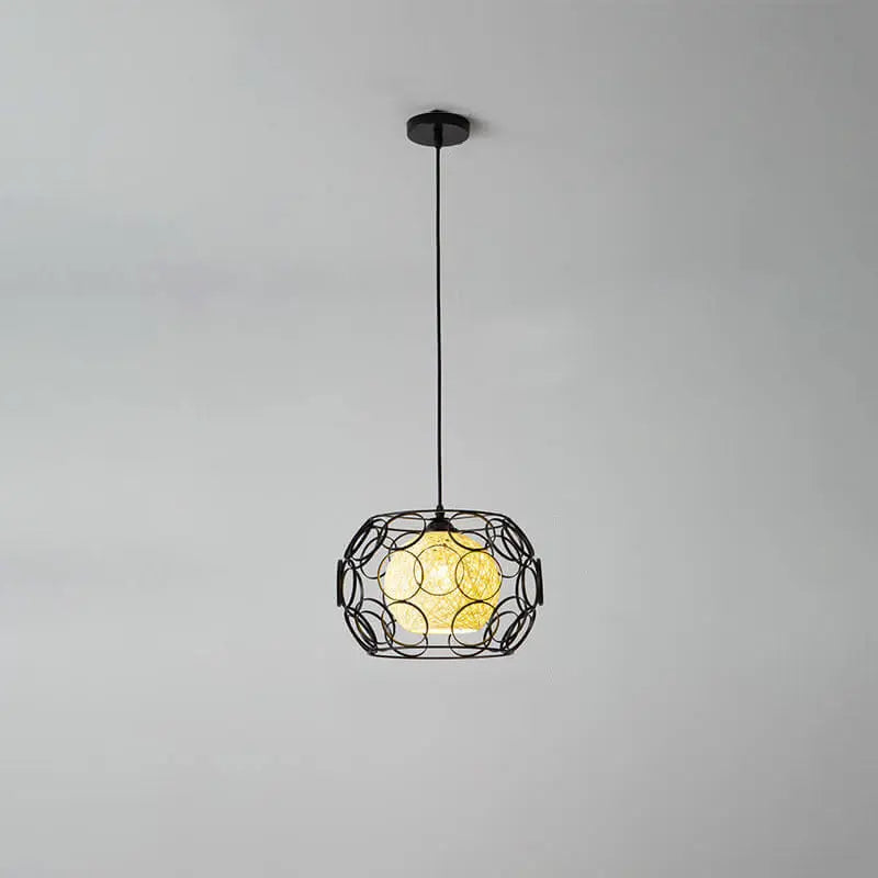 Modern Minimalist Weaving Hemp Ball Iron Drum 1-light Pendant Light for Living Room BulbSquare