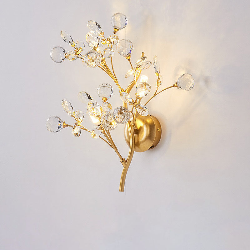 Modern Luxury Crystal Floral Branch Iron 3-Light Wall Sconce Lamp For Living Room