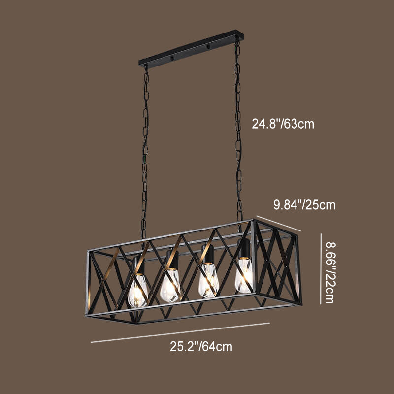 Traditional Farmhouse Rectangular Geometric Iron Cage 4/6 Light Island Light Chandelier for Dining Room