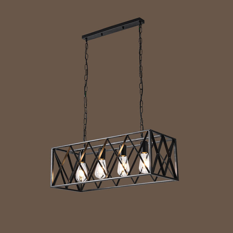 Traditional Farmhouse Rectangular Geometric Iron Cage 4/6 Light Island Light Chandelier for Dining Room