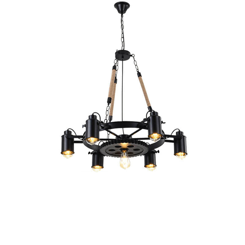 Contemporary Industrial Retro Gear Wrought Ion Hemp Rope 7/9/11-Light Chandelier For Living Room Lumendat