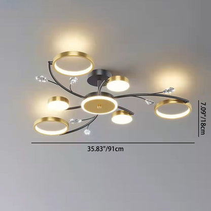 Modern Luxury Branch Round Metal Iron Acrylic Crystal Silicone LED Semi-flush Mount Ceiling Light for Living Room