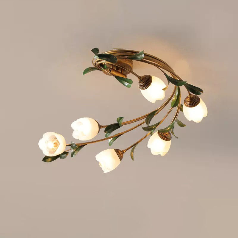 Traditional French Floral Iron Glass 6-light Flush Mount Ceiling Light for Living Room