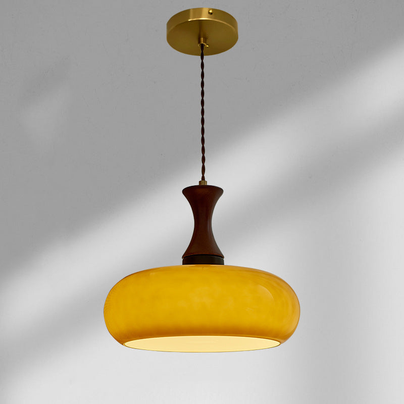 Contemporary Retro Wood Iron Glass Drum Round 1-light Pendant Light for Dining Room