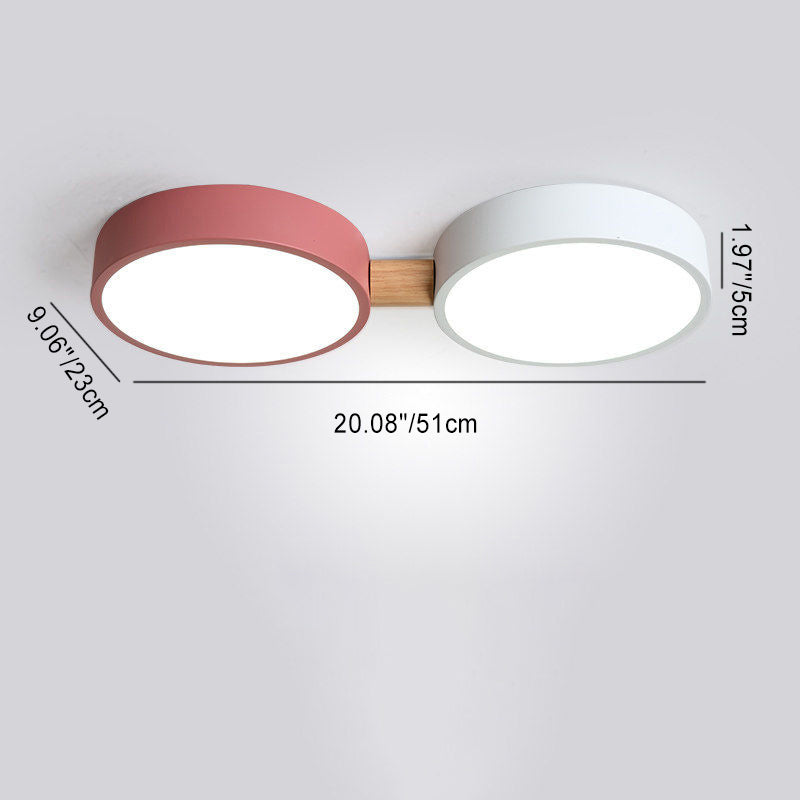 Contemporary Scandinavian Macaron Iron Geometric Round Shade Wood Splicing LED Flush Mount Ceiling Light for Bedroom