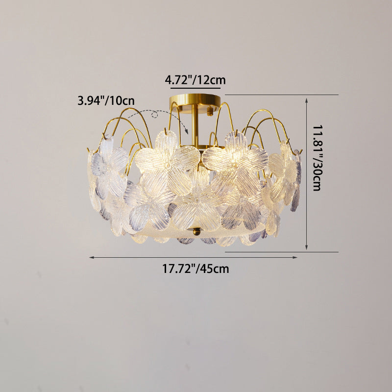 Traditional French Iron Glass Round Flower 5/6 Light Semi-flush Mount Ceiling Light for Living Room