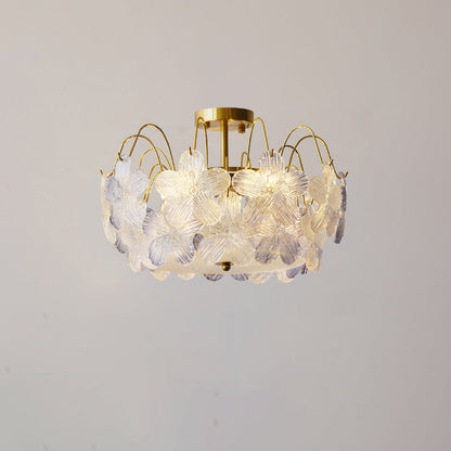 Traditional French Iron Glass Round Flower 5/6 Light Semi-flush Mount Ceiling Light for Living Room