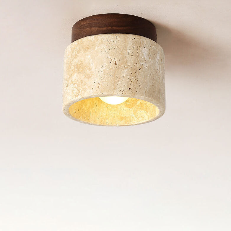 Japanese Minimalist Round Yellow Travertine Shade 1-light Semi-flush Mount Ceiling Light
