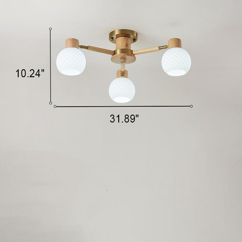 Traditional Japanese Wabi-sabi Rubberwood Hardware Glass 3/6/8-Light Flush Mount Lighting For Living Room Lumendat