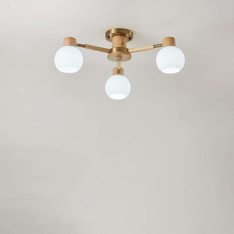 Traditional Japanese Wabi-sabi Rubberwood Hardware Glass 3/6/8-Light Flush Mount Lighting For Living Room Lumendat