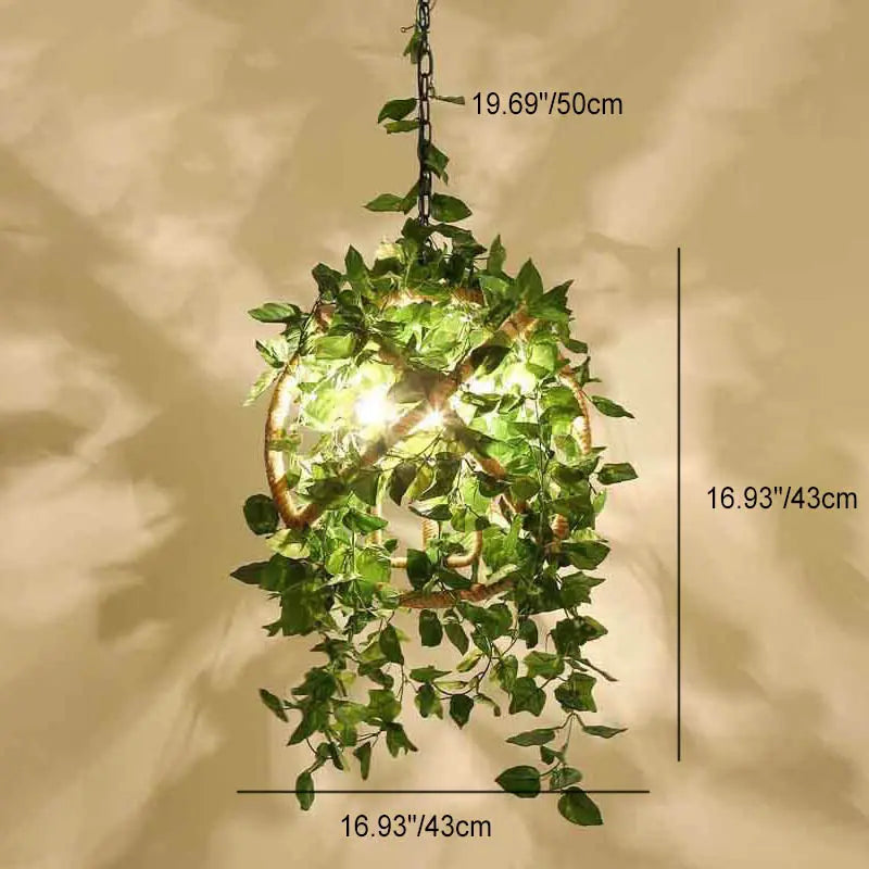 Industrial Vintage Simulation of Greenery Cherry Blossoms Iron Hemp Rope 3-light Chandelier Lumendat